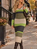 V-neck striped color block knit maxi dress - Olive - View 1