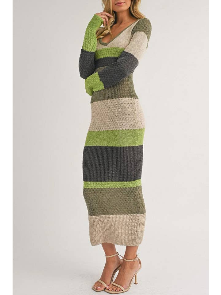 V-neck striped color block knit maxi dress - Olive - View 2