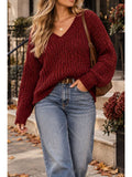 Long sleeve V-neck knit sweater - Burgundy - Main