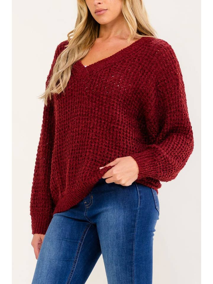 Long sleeve V-neck knit sweater - Burgundy - Front