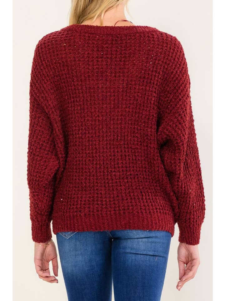 Long sleeve V-neck knit sweater - Burgundy - Back