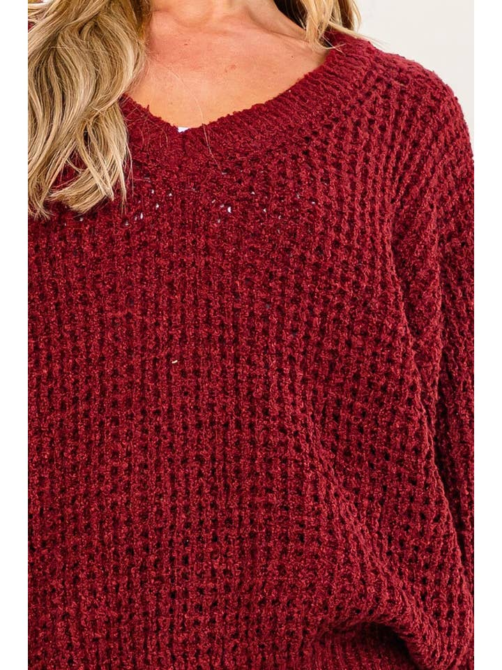 Long sleeve V-neck knit sweater - Burgundy - Knit detail