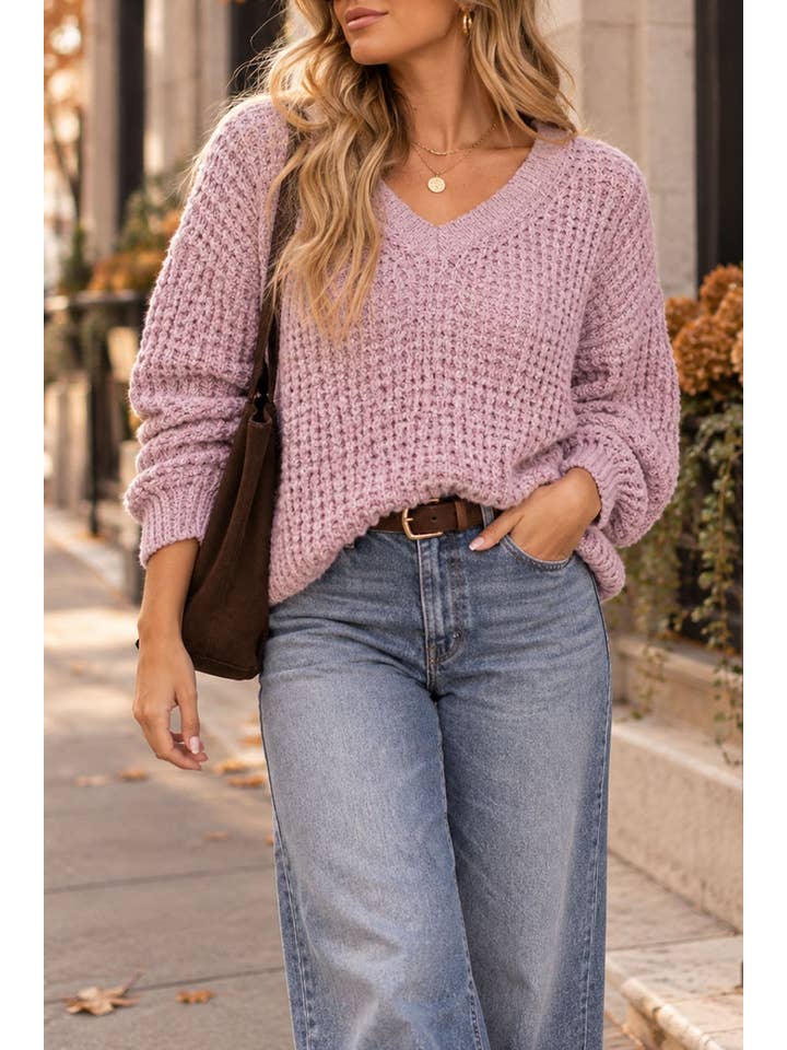 Long sleeve V-neck knit sweater - Mauve - Main