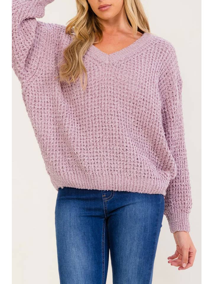 Long sleeve V-neck knit sweater - Mauve - Front