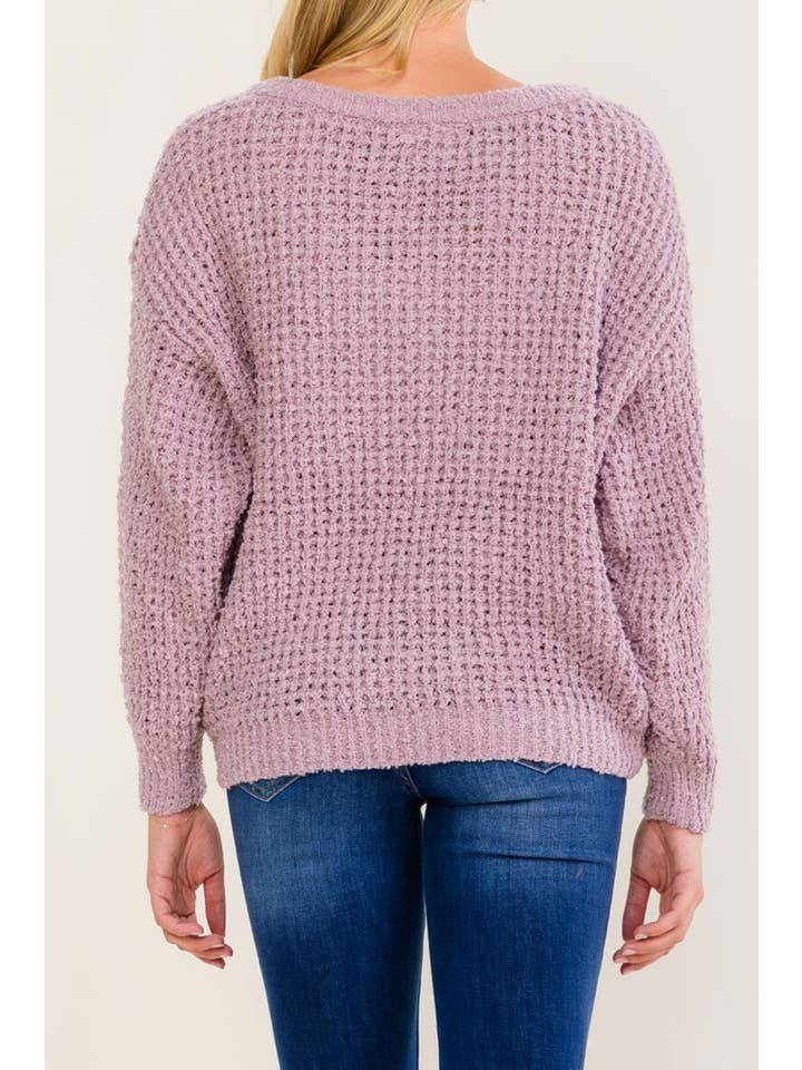 Long sleeve V-neck knit sweater - Mauve - Back