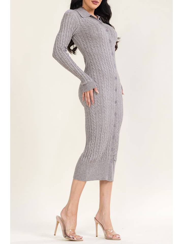 Long sleeve button detail cable knit maxi dress - Grey - View 2
