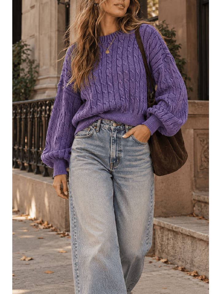 Long sleeve cable knit sweater - Purple - Main