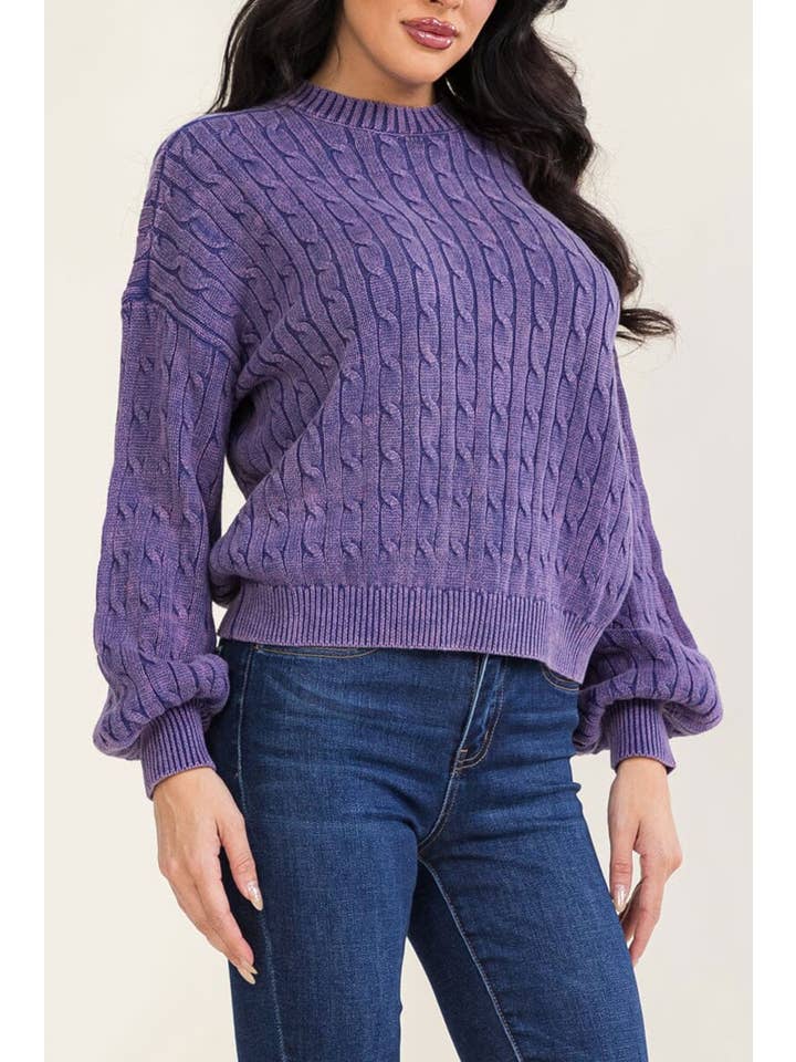 Long sleeve cable knit sweater - Purple - Front