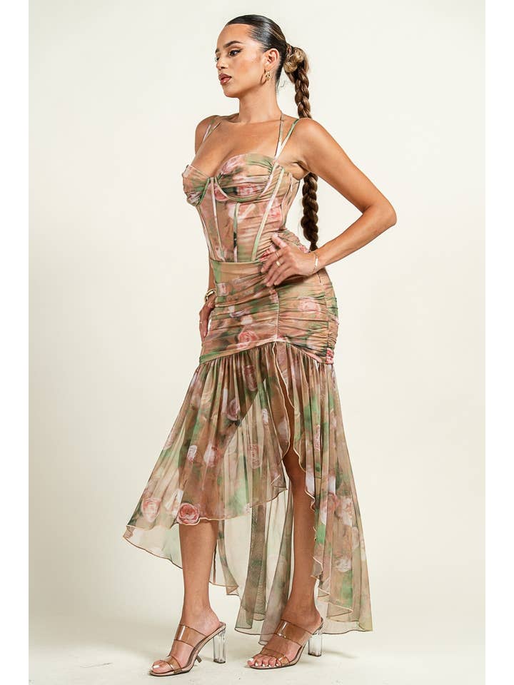 Floral embroidered sweetheart corset mini dress with shrug - Green Multi - View 2