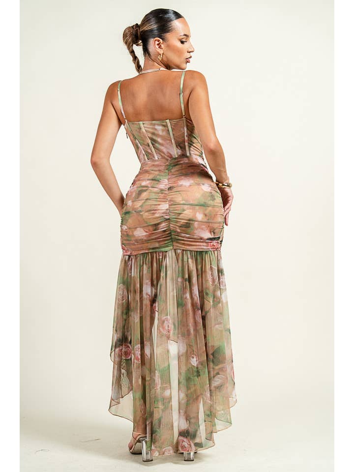 Floral embroidered sweetheart corset mini dress with shrug - Green Multi - View 3