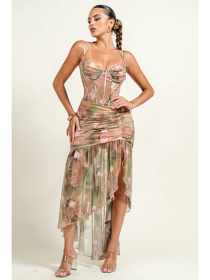 Floral embroidered sweetheart corset mini dress with shrug - Green Multi - View 4