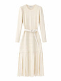 Beige pearl embellished belted knit maxi dress - Style HYY510