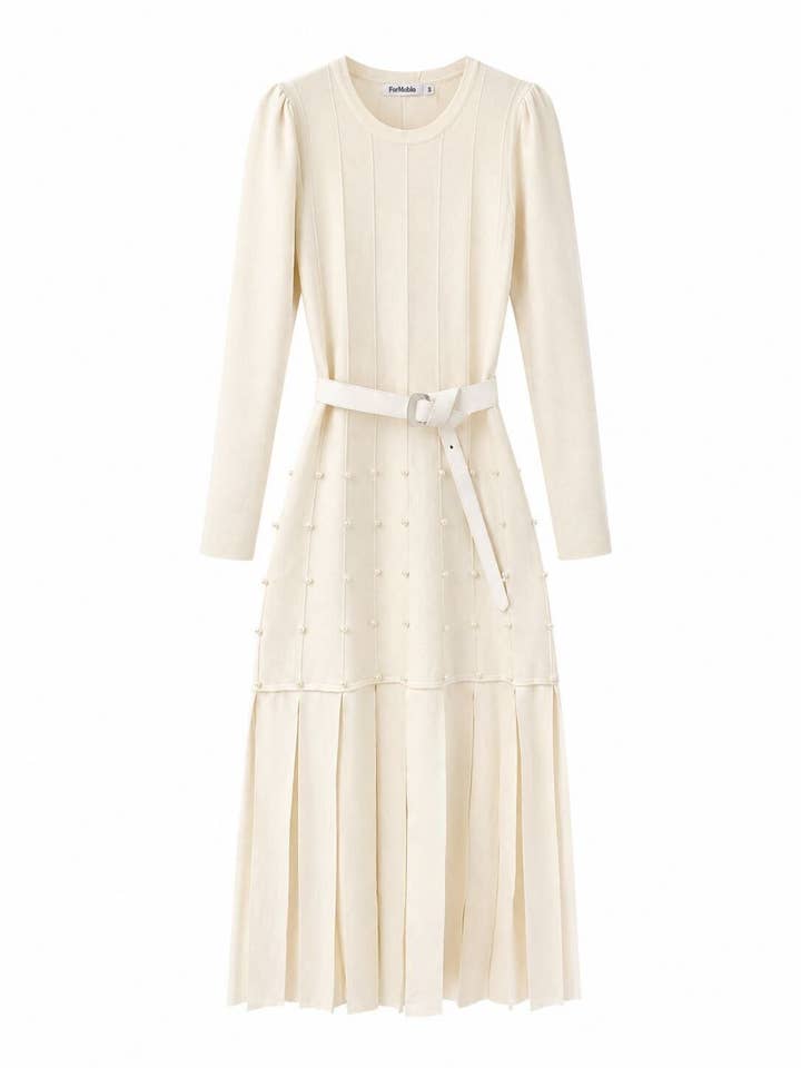 Beige pearl embellished belted knit maxi dress - Style HYY510
