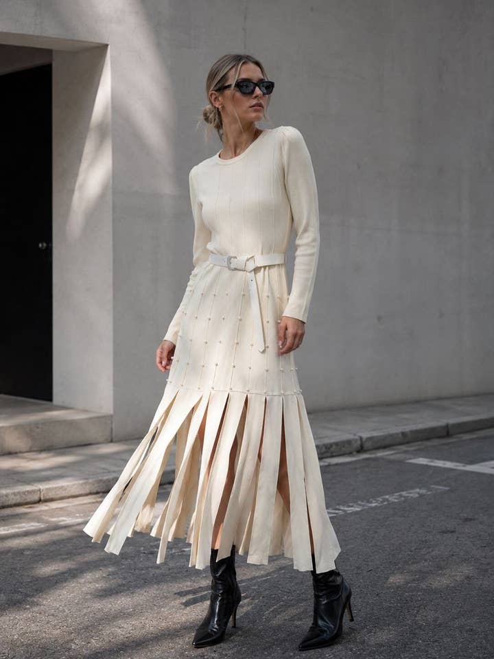 Beige pearl embellished belted knit maxi dress - Style HYY510