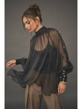 Pearl embellished sheer high neck blouse - Black / Silver Stone