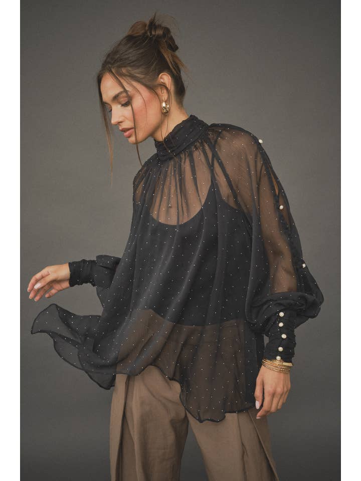 Pearl embellished sheer high neck blouse - Black / Silver Stone