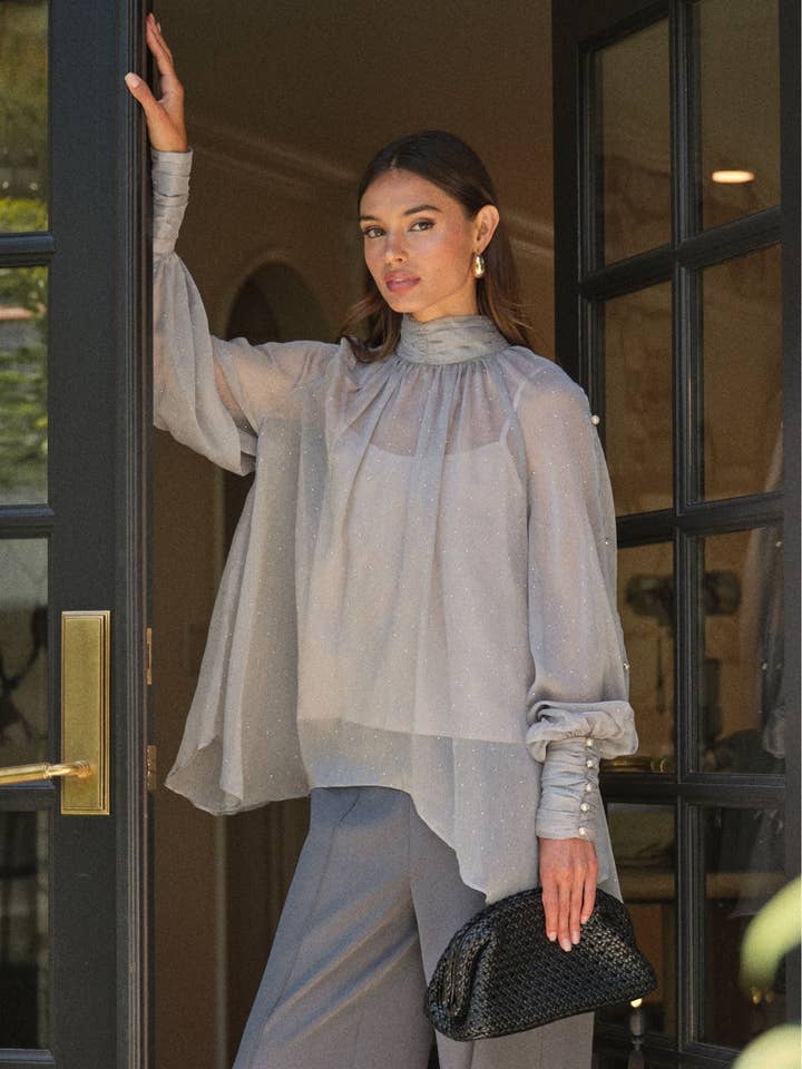 Pearl embellished sheer high neck blouse - Misty Blue / Silver Stone