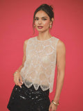Embellished scallop hem mesh top - Ivory