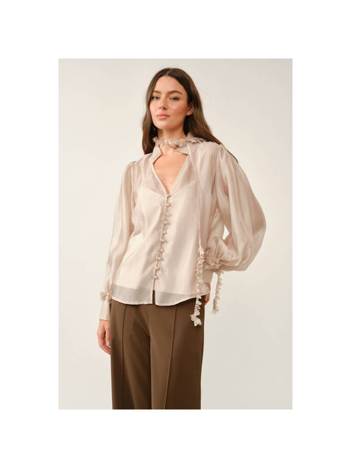 Sheer floral tie neck puff sleeve blouse - Champagne