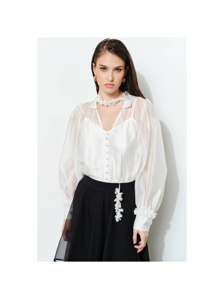 Sheer floral tie neck puff sleeve blouse - White