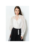 Sheer floral tie neck puff sleeve blouse - White