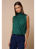 Satin draped mock neck tie back top - Hunter Green - Front