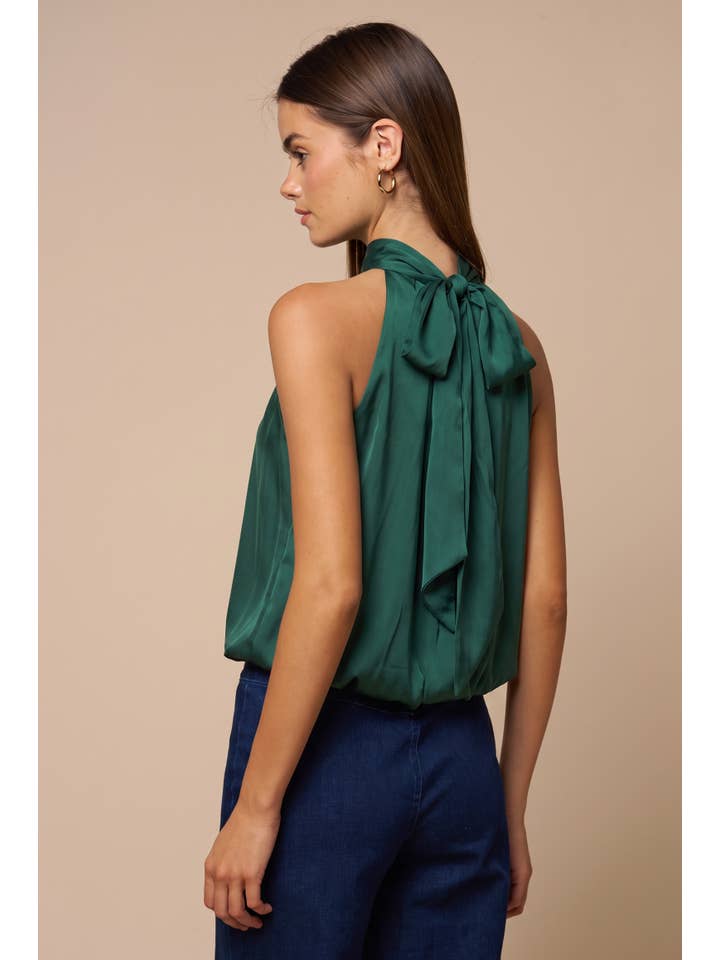 Satin draped mock neck tie back top - Hunter Green - Back