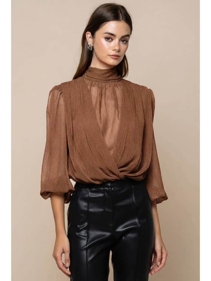 Mock neck draped balloon sleeve blouse - Mocha - Front