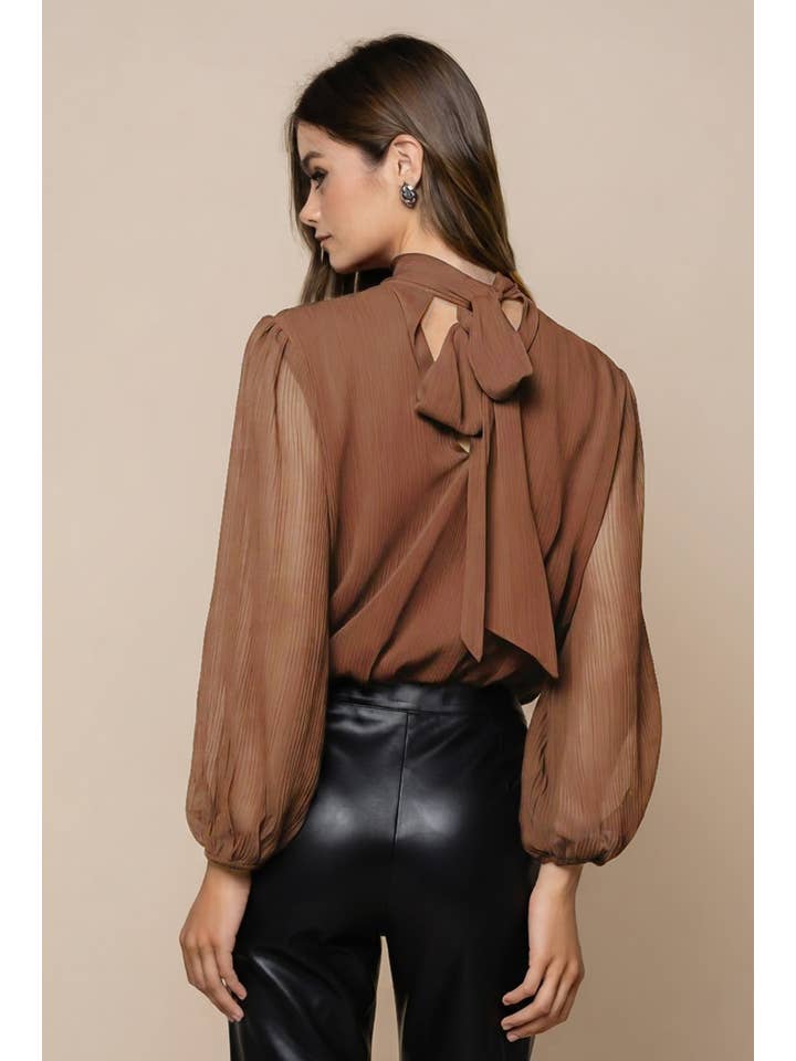Mock neck draped balloon sleeve blouse - Mocha - Back