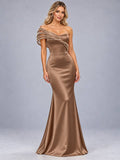 Pearl Embellished One Shoulder Satin Gown - Brown