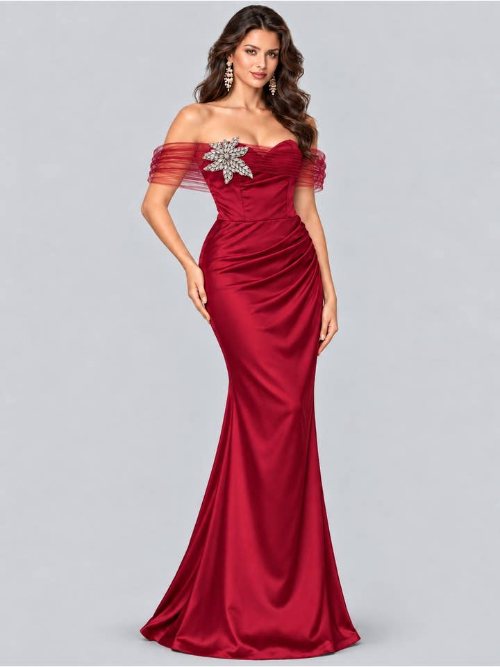 Off Shoulder Satin Mermaid Gown - Red