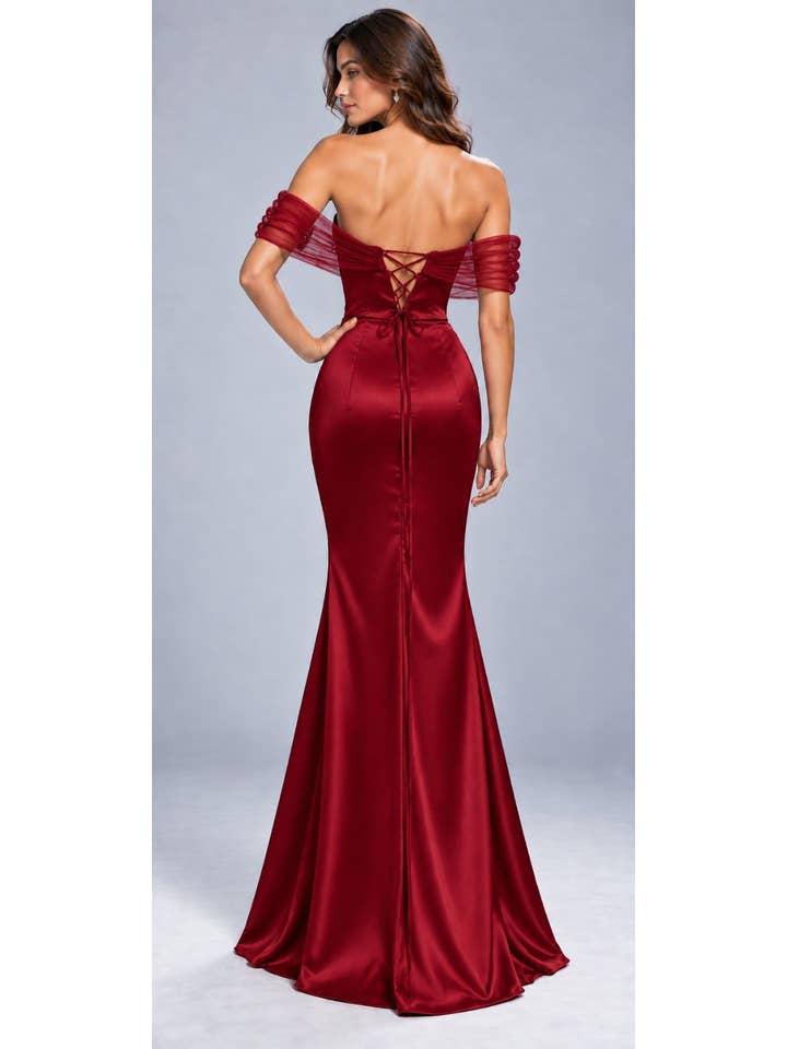Off Shoulder Satin Mermaid Gown - Red