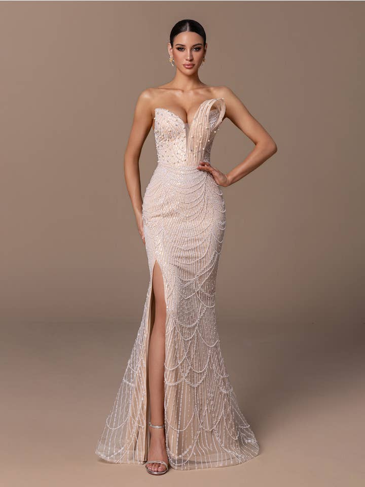 Asymmetric Off Shoulder Evening Gown - Champagne