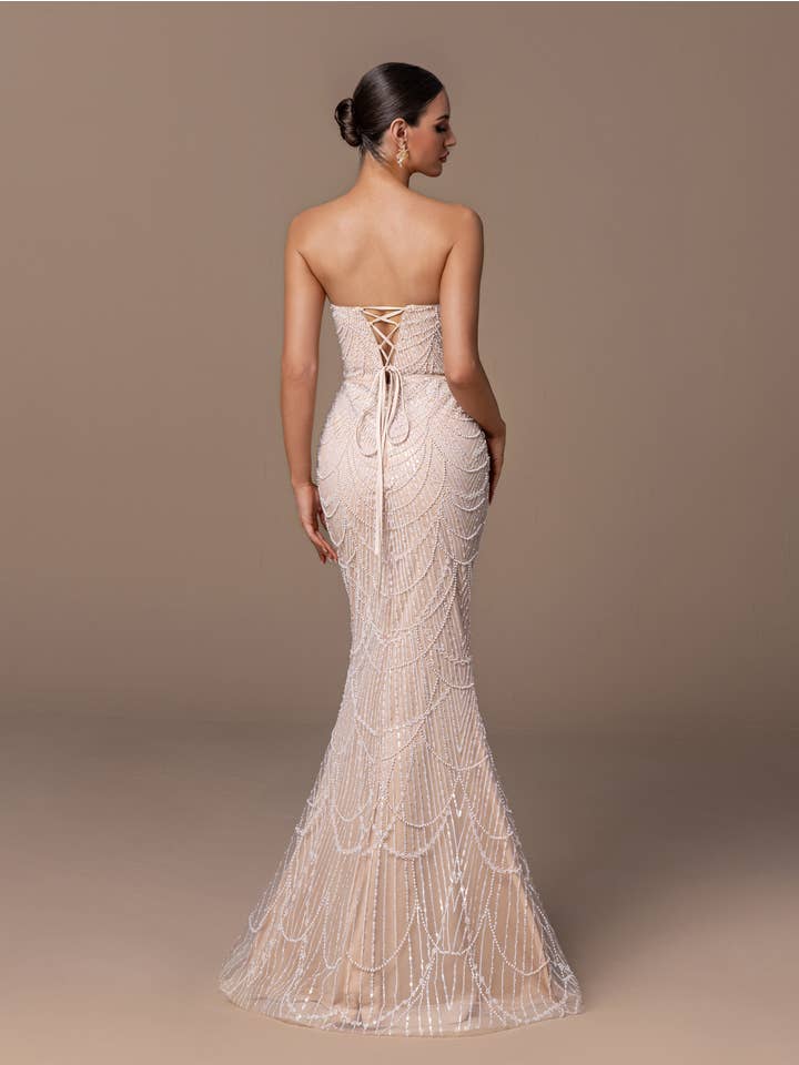 Asymmetric Off Shoulder Evening Gown - Champagne