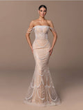 Pearl Off Shoulder Evening Gown - Champagne