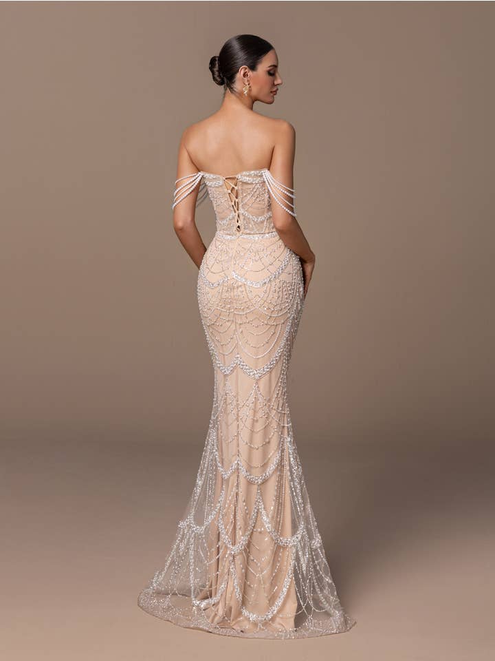 Pearl Off Shoulder Evening Gown - Champagne