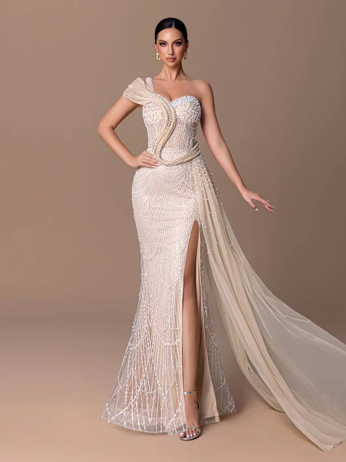 One Shoulder S Detail Sequin Gown - Champagne
