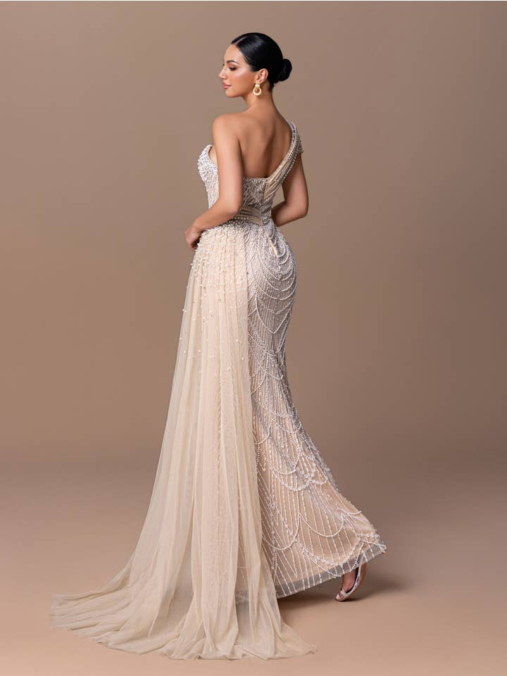 One Shoulder S Detail Sequin Gown - Champagne