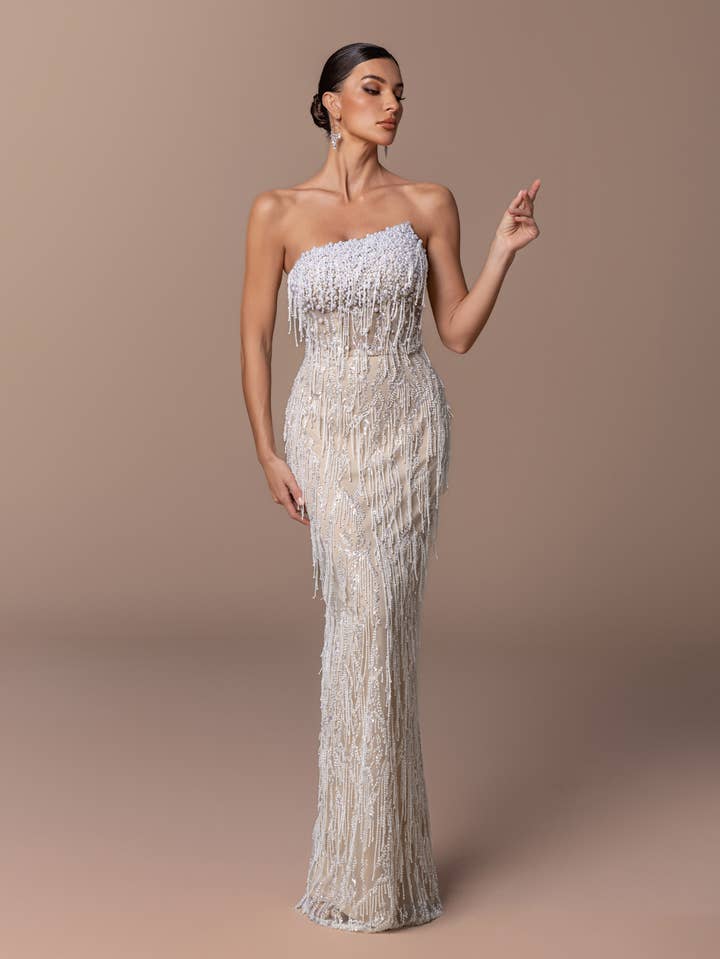 Off Shoulder Sequin Evening Gown - Champagne