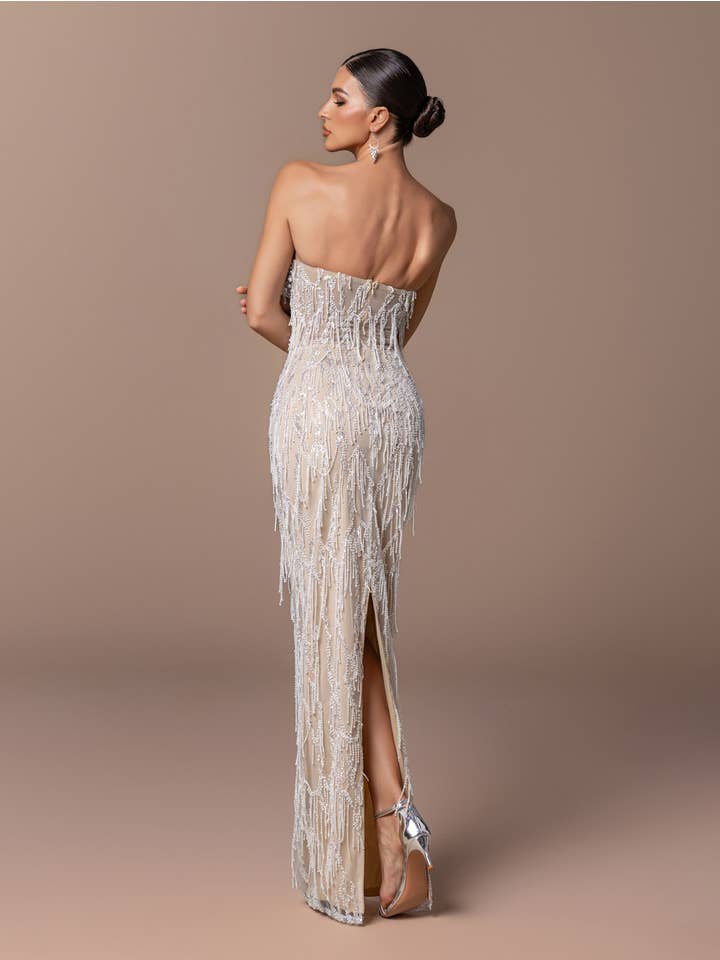 Off Shoulder Sequin Evening Gown - Champagne