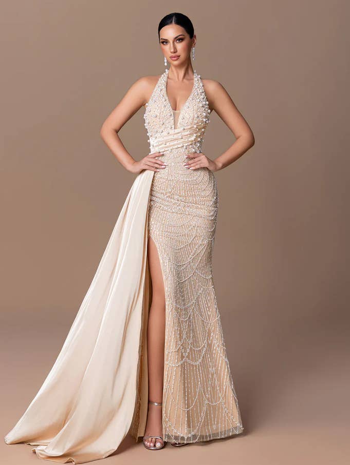 Pearl Sequin Evening Gown - Champagne