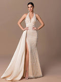 Pearl Sequin Evening Gown - Champagne