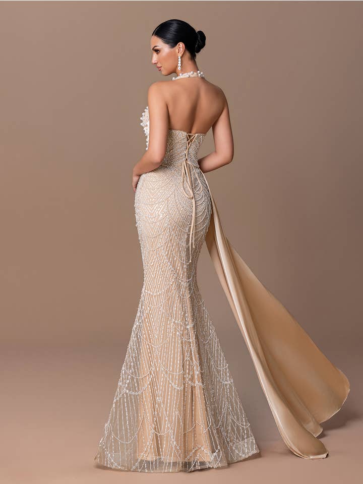 Pearl Sequin Evening Gown - Champagne