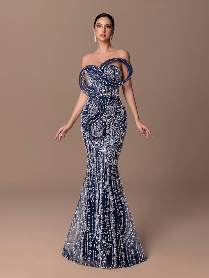 Sculptural Beaded Sequin Mermaid Gown - Blue