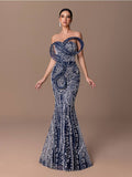 Sculptural Beaded Sequin Mermaid Gown - Blue