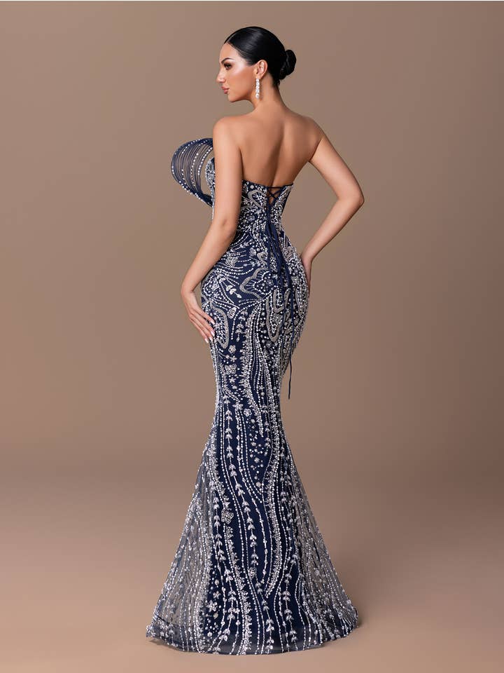 Sculptural Beaded Sequin Mermaid Gown - Blue