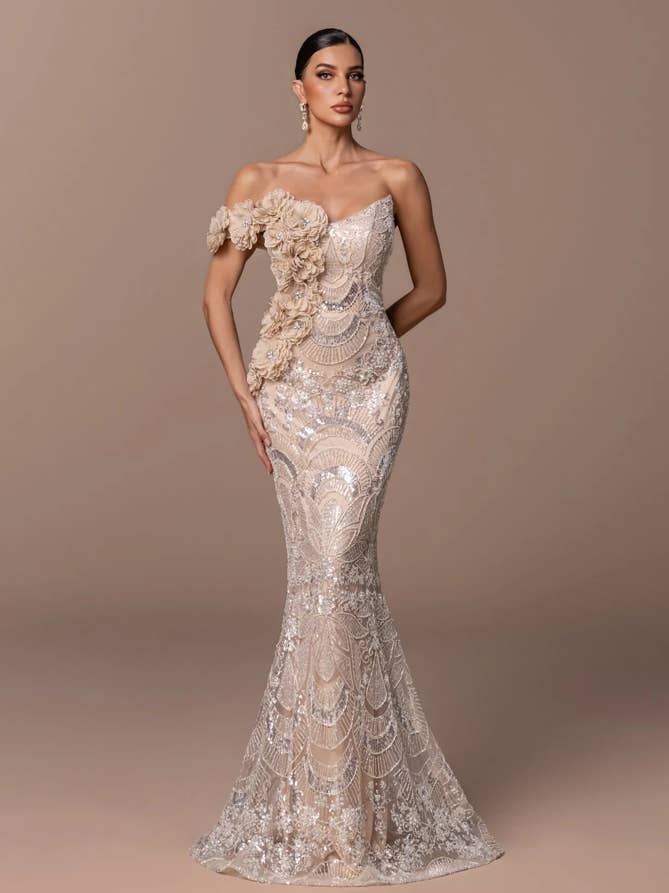 Off Shoulder Floral Evening Gown - Champagne