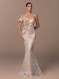 Off Shoulder Floral Evening Gown - Champagne