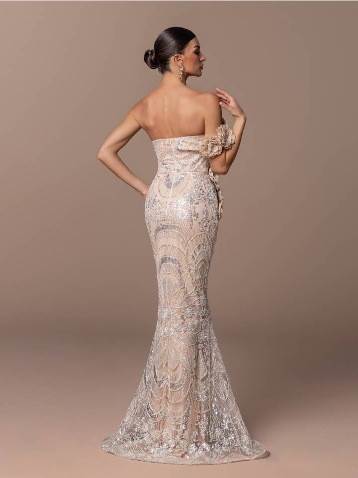 Off Shoulder Floral Evening Gown - Champagne