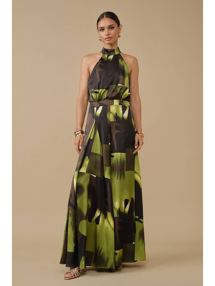 Abstract print high neck halter wide leg jumpsuit - Green Multi
